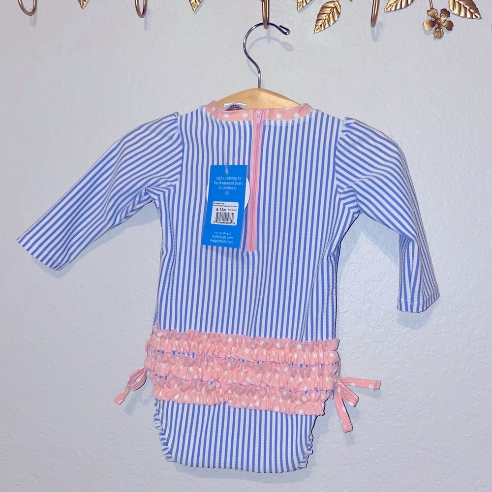 Ruffle Butts 6-12 month Seersucker Long Sleeve Rash Guard One Piece swimsuit